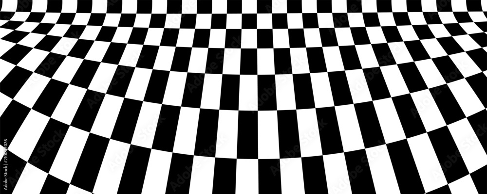 Obraz premium Abstract black and white checkered pattern with a distorted fisheye lens or curved grid effect. Geometric optical illusion background.