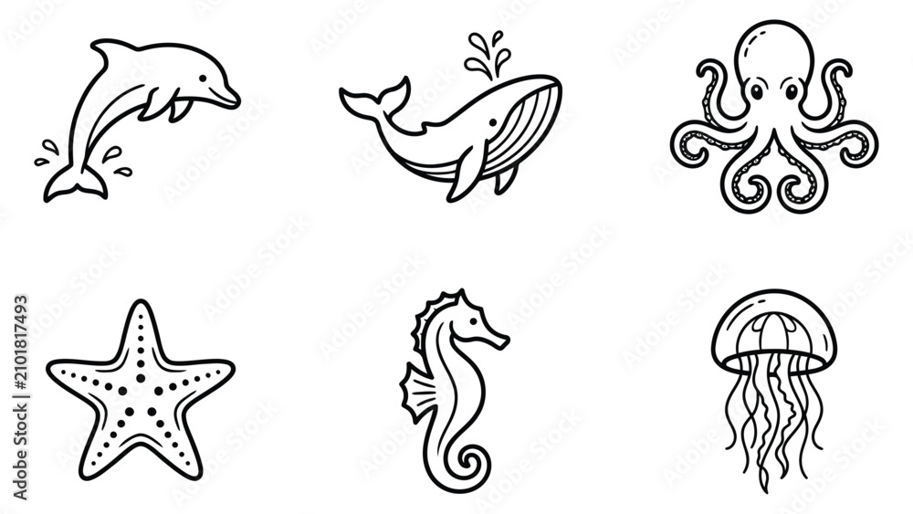 Obraz premium Set of cute hand drawn sea animals including dolphin whale and octopus