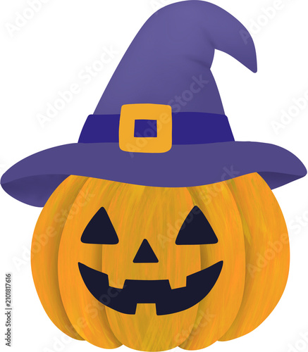 Spooky jack o lantern with purple witch hat character for Halloween party decoration