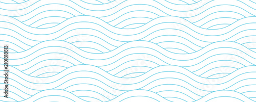Minimalist seamless pattern with cyan blue wavy lines on a white background. Modern abstract ocean wave texture, ideal for summer themes, nautical designs, and creative digital wallpapers.