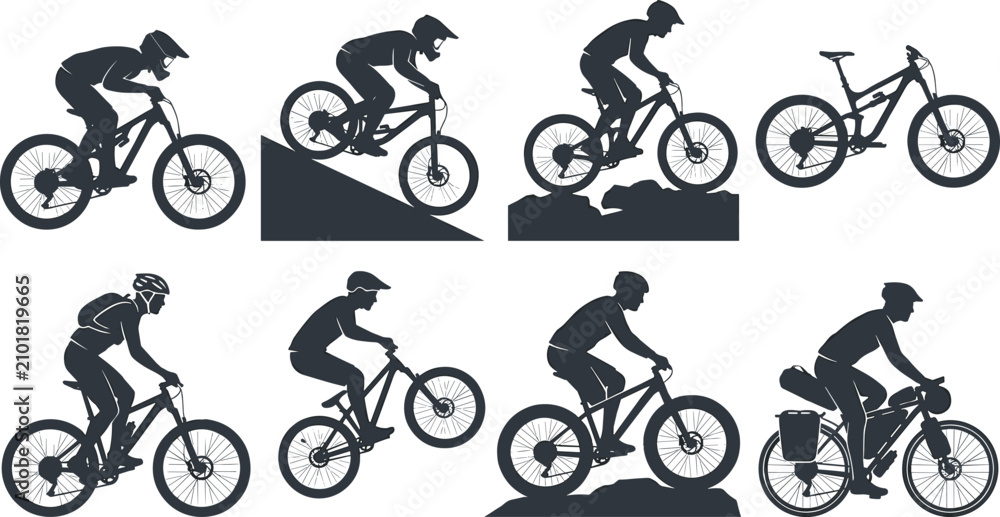 Fototapeta premium Mountain bike riding silhouettes collection with downhill racing dirt jumping bike packing and trail riding icons set graphic design vector element