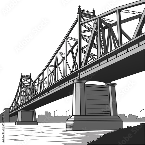 Grayscale of a large steel truss bridge crossing a river with a distant city skyline and rocky bank in the foreground