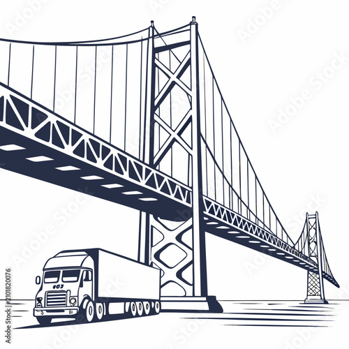 A dark blue and white line of a large suspension bridge with a semi truck driving underneath it on a flat surface background