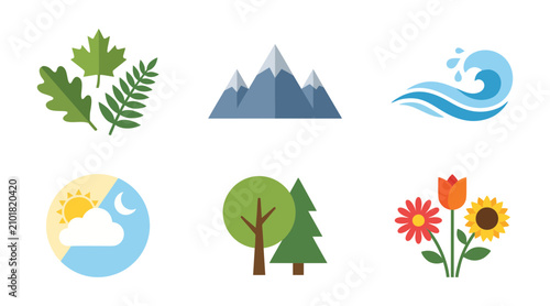 Flat vector illustration set featuring various natural elements including mountains trees leaves water waves and colorful blooming garden flowers collection