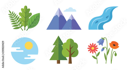 Set of flat vector graphic illustrations depicting nature elements including mountains trees flowers leaves sun and a winding blue river