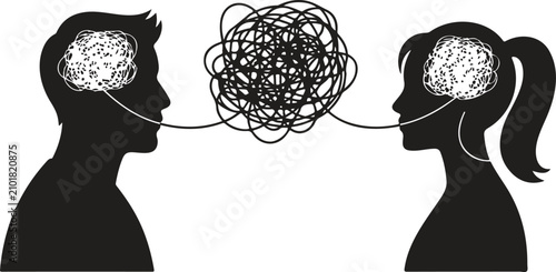 Bild auf Leinwand Silhouette illustration of two people communicating with tangled line between br