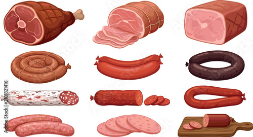 Quadro su tela Fresh Meat and Sausage Product Vector Illustration Set with Salami Ham Frankfurt