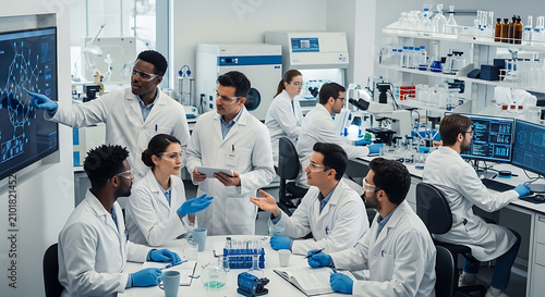 Diverse scientific research team discussing data results in busy modern lab