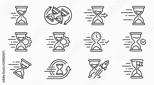 Business efficiency and strategic productivity line art vector icon set for management