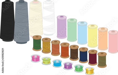 Foto Sewing Machine Thread Cones Pastel Spools Wooden Bobbins and Colorful Clear Unde
