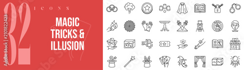 Foto Magic Tricks Illusion Show 32 Outline Icons Vector Set