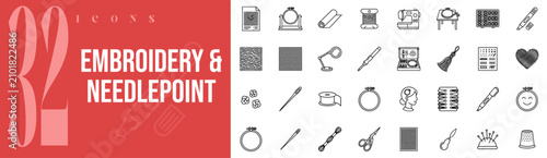 Foto Embroidery Needlepoint Stitching 32 Outline Icons Vector Set
