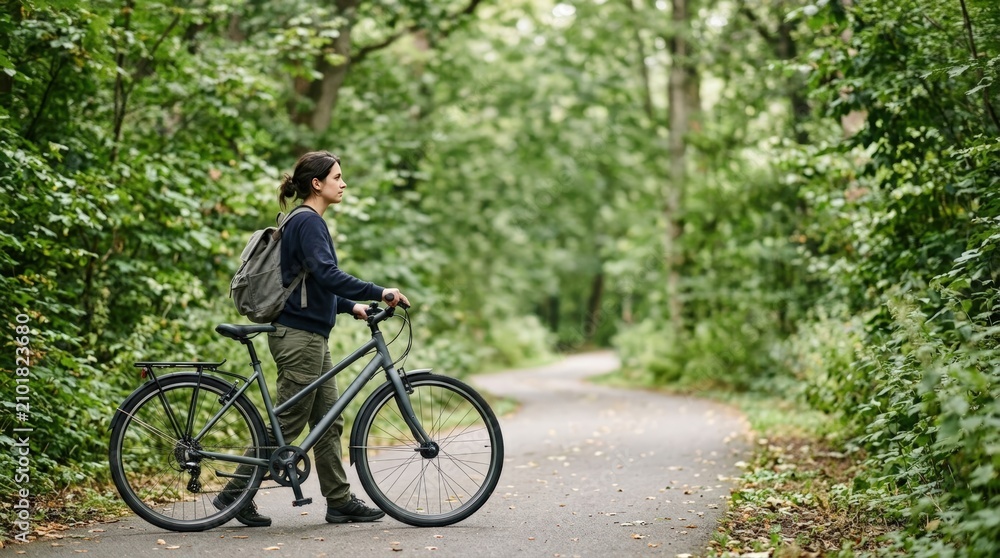 Fototapeta premium Young adult walking bicycle on forest path with plain backpack