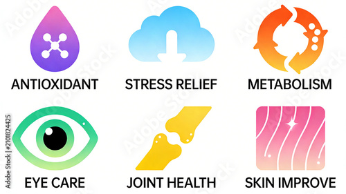 Segmented health improvement icons, anti-oxidation, stress relief, accelerated metabolism, caring for eye joint skin, covering daily multi-dimensional body care needs
