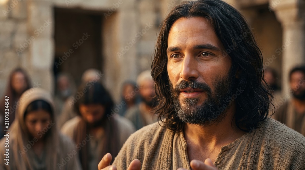 Fototapeta premium Jesus Christ teaching a crowd in an ancient stone courtyard. Biblical scene of the Messiah speaking and gesturing to listening followers