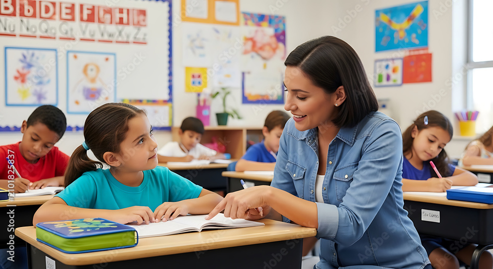 Fototapeta premium Friendly female teacher helping young schoolgirl with writing in classroom