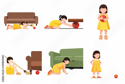 Little girl searching for and retrieving a lost ball under the sofa vector illustration set, child playing at home and problem solving concept