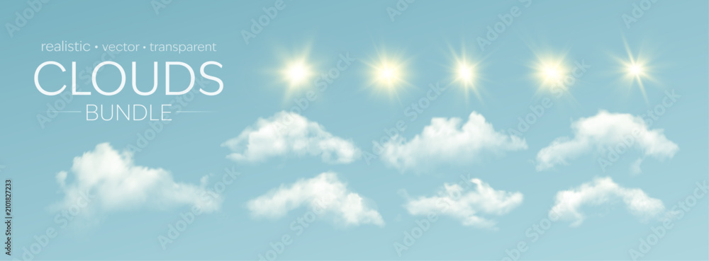 Naklejka premium Realistic clouds bundle vector cover on a blue sky background. Soft white fluffy clouds and bright sun flares create a clean dreamy weather element collection