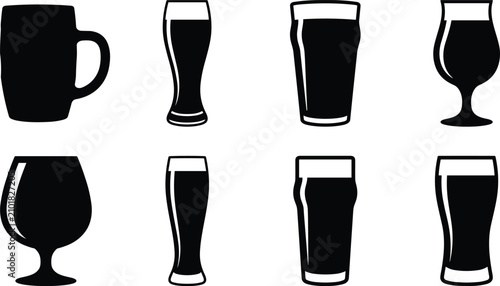 Quadro su tela Beer Glasses and Mugs Silhouette Vector Set Isolated on White Background for Bar