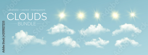 Realistic clouds bundle vector cover on a blue sky background. Soft white fluffy clouds and bright sun flares create a clean dreamy weather element collection