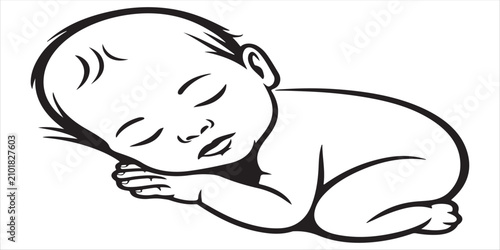 Hand drawn line art illustration of newborn baby sleeping peacefully in classic fetal position isolated for nursery design decoration.