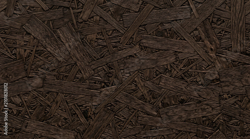 Dark brown oriented strand board surface texture featuring interlocking wood chips in a dense geometric pattern for industrial background design projects