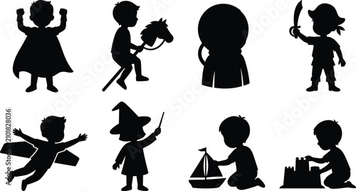 Fotografie Children creative role play and fantasy imagination silhouette set featuring kid