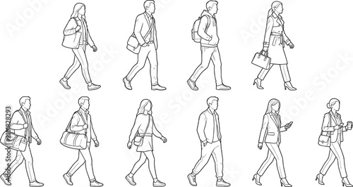 Walking People Outline Vector Collection with Casual and Business Fashion Line Art Set