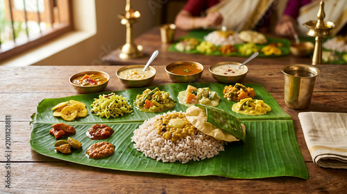 A traditional Indian meal served on a banana leaf with various dishes and rice