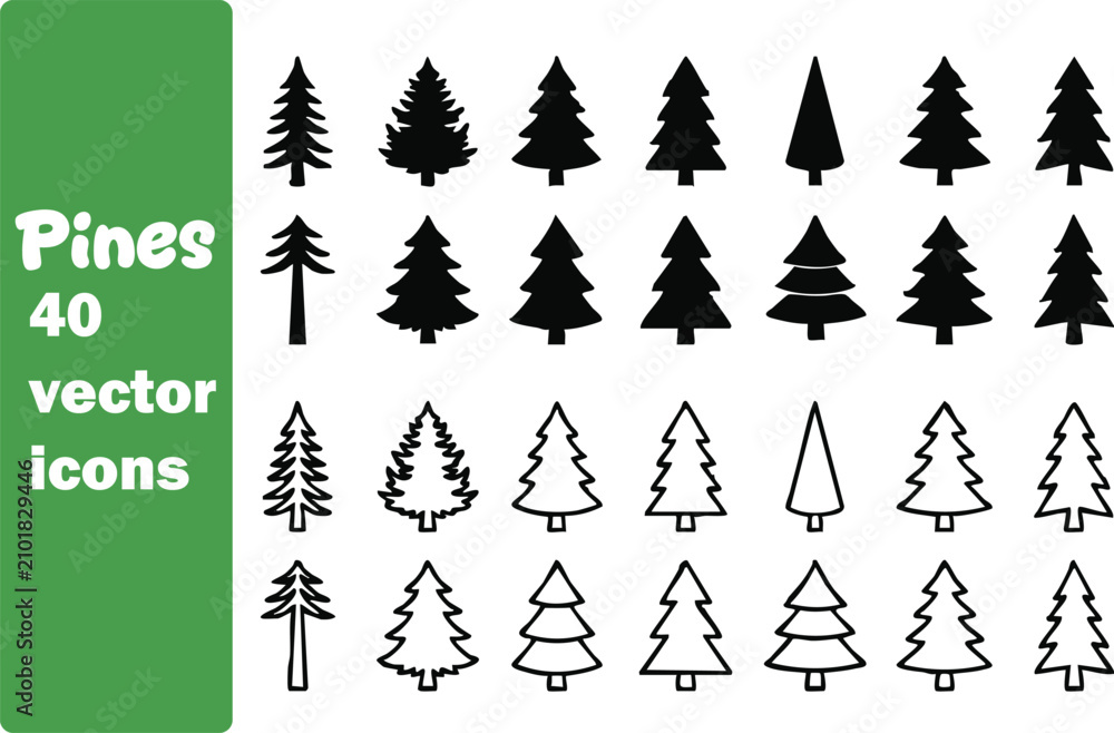 Obraz premium Pine tree vector icons set, 40 evergreen conifer silhouettes and outlines, minimalist spruce and fir forest symbols for winter holiday design