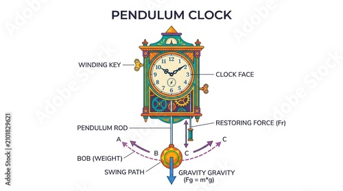 Diagram of a vintage pendulum clock showing mechanical parts and gravity forces at work.