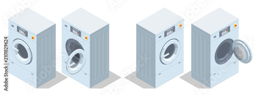 Isometric industrial washer shown in closed and open door views, isolated for commercial laundry and dry cleaning projects. Professional textile care equipment for fabric wash and service workflow