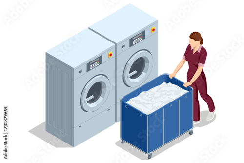 Isometric laundry worker with rolling linen cart beside industrial front load washers in a commercial textile care area. Professional washing service, fabric treatment and housekeeping workflow