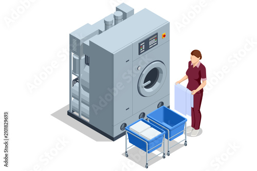 Isometric industrial dry cleaning machine with female worker, folded towel and laundry carts in a professional fabric care area. Commercial textile treatment, linen service and utility workflow