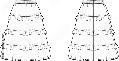 Photography Vintage tiered skirt fashion illustration two views technical drawing