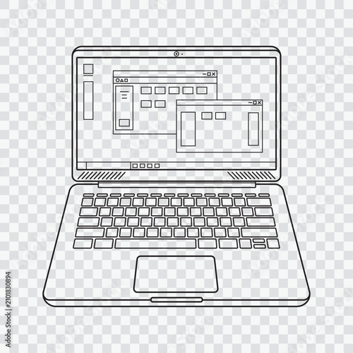 Laptop editable stroke placed on white and gray grid background with a Windows window display. Vector illustration EPS 10.