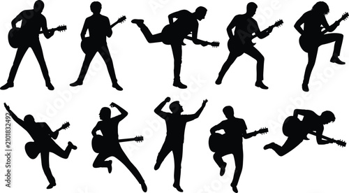 Fotografía Rock Guitarist Silhouette Collection Featuring Musicians Performing Jumping Play