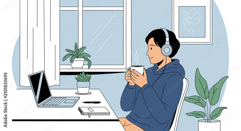 Obraz premium Cozy home office setup: person with headphones drinking coffee and working on laptop