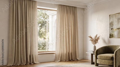 Beige fabric curtains in a bright living room. Elegant window drapes with soft natural daylight.