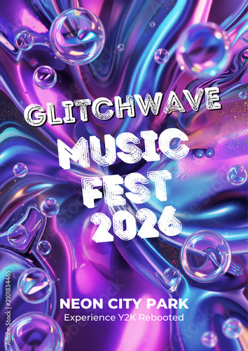 Vibrant Abstract Futuristic Electronic Music Festival Poster with Neon Liquid Background and Holographic Bubbles for Modern Event