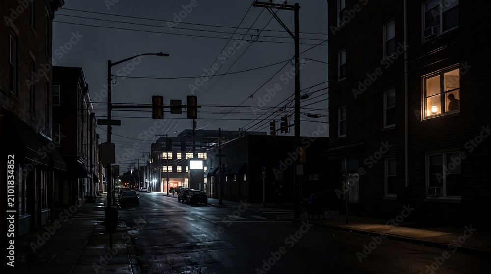 Fototapeta premium Lonely person stands silhouetted in a glowing apartment window overlooking a dark quiet city street