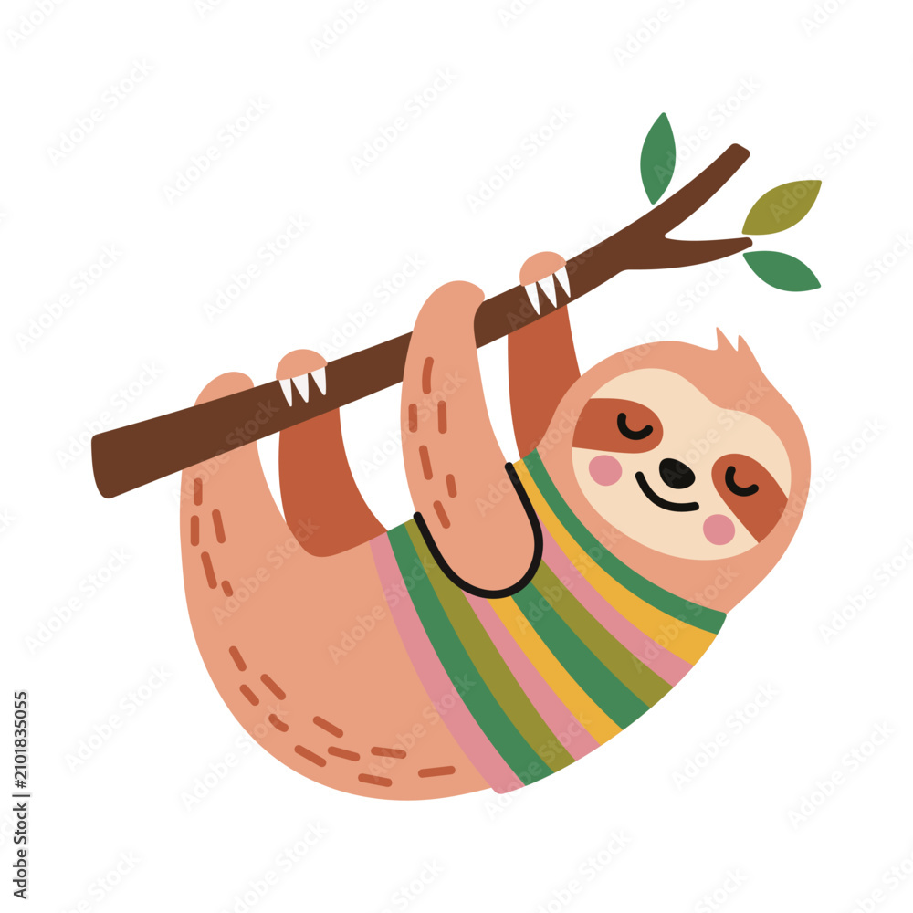Obraz premium Cute sloth bear cartoon hand drawn vector illustration. Fun naive doodle style design element.