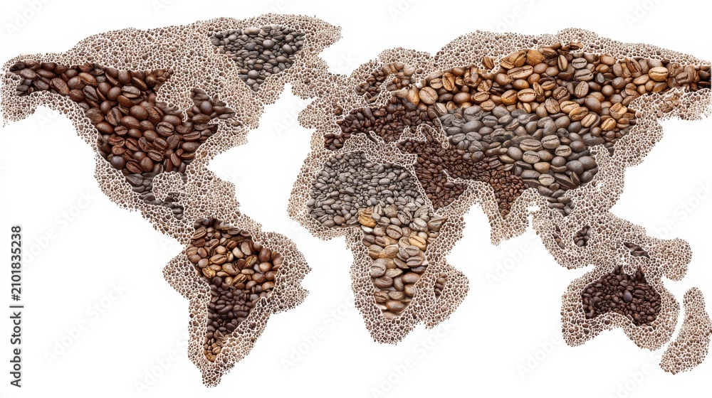 Obraz premium World Map of Coffee Beans: An artistic representation of the world map created entirely from various coffee beans, showcasing a global appreciation for this beloved beverage.