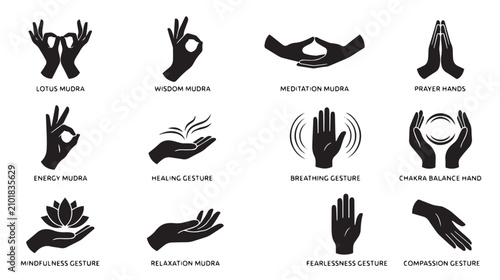 Foto Yoga mudra hand gestures set, black silhouette meditation icons for healing and