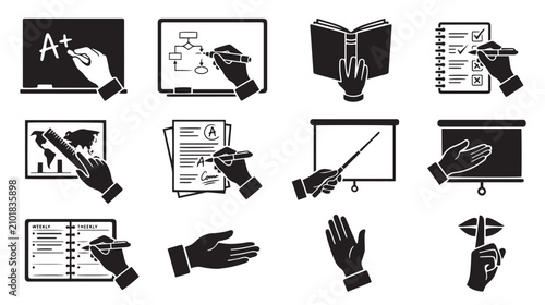 Education and teaching icon set, black school symbols with teacher hands, 12 academic vector elements for classroom learning and lesson planning
