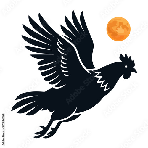 Minimalist graphic vector illustration of a black rooster bird soaring through the night air near a glowing yellow full moon on a white background