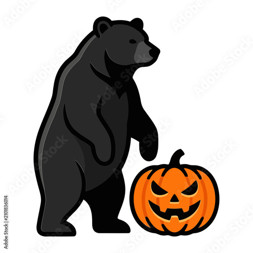 Black bear illustration standing beside a scary orange jack o lantern pumpkin character for a fun and spooky halloween holiday celebration design
