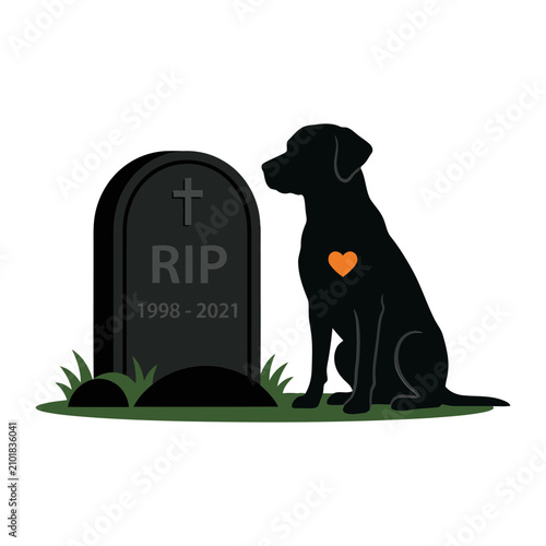 Sad mourning illustration featuring a loyal black dog sitting by a stone grave monument with a glowing orange heart icon symbol in flat vector art