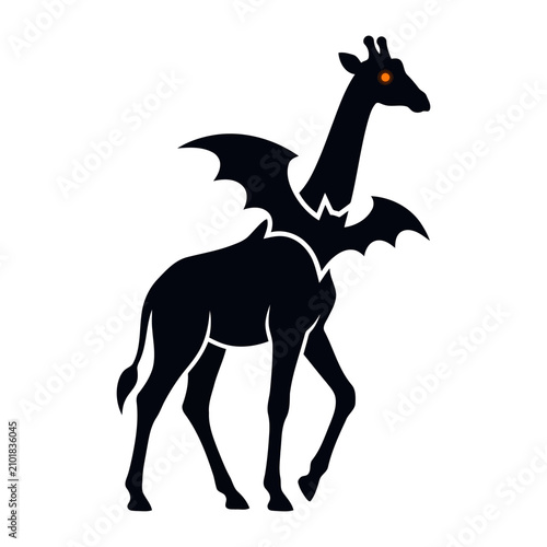 A spooky silhouette of a tall giraffe with large bat wings and glowing orange eyes standing against a plain white background for dark halloween art