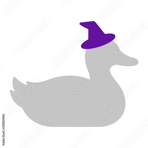 Minimalist vector illustration of a grey duck silhouette wearing a vibrant purple wizard hat perfect for spooky Halloween graphic design projects